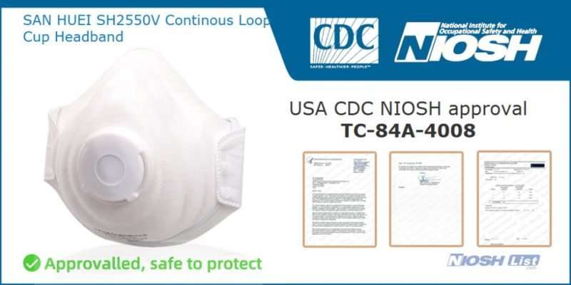 niosh list, best niosh n95 mask, continous niosh n95 price, cup, style niosh standards wholesale san huei sh2550v loop cup headband purchase